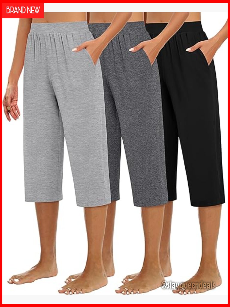 Wide Leg Cropped Capri Pockets Jogger Lounge Yoga Pants 3 Pack